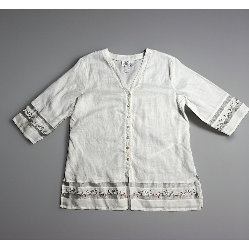 Jordan Women's XL White Floral Linen Woven V-Neck 3/4 Sleeve Button Blouse